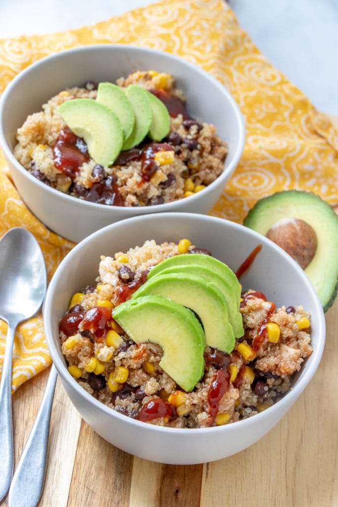 BBQ Chicken QUINOA BOWLS recipe with avocado slices