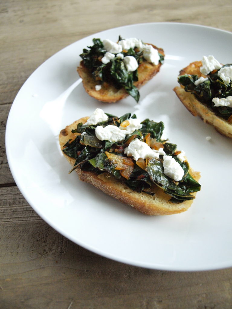 Open-faced sandwich with smoky kale and goat cheese. To die for!