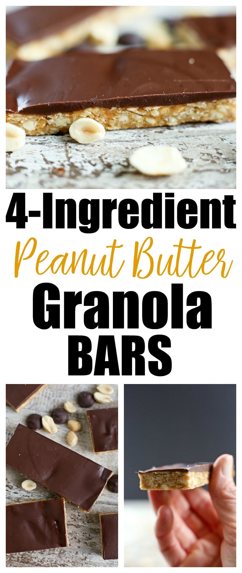 SO Quick and easy! 4-ingredient Peanut Butter Granola bars with Chocolate. This is a healthy snack ideas for kids, #vegan #gluten-free #kidfriendly #granolabars