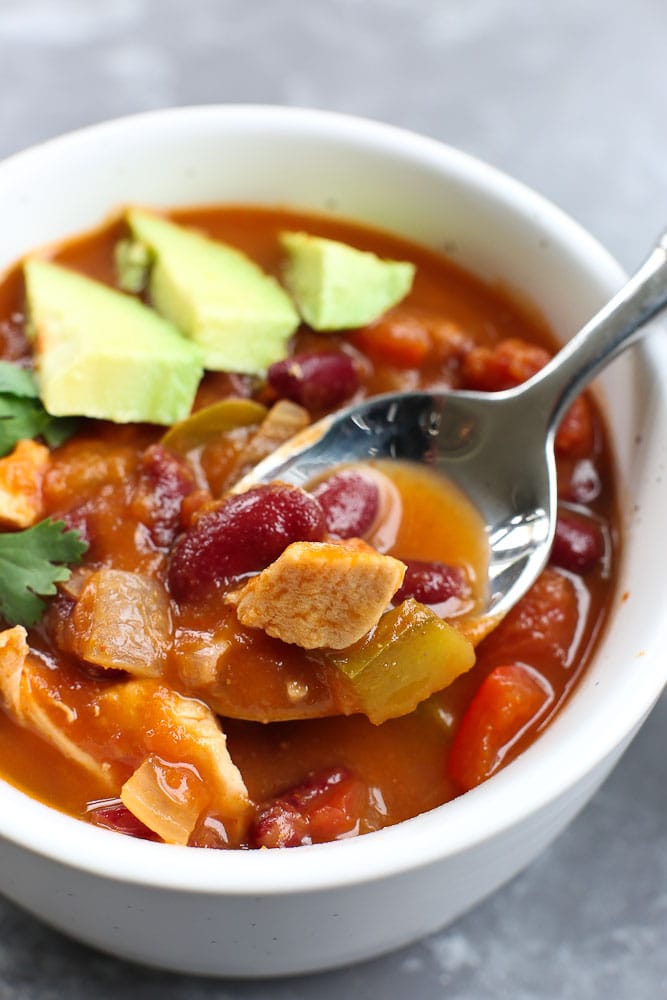 a spoonful of Pumpkin Chicken Chili recipe