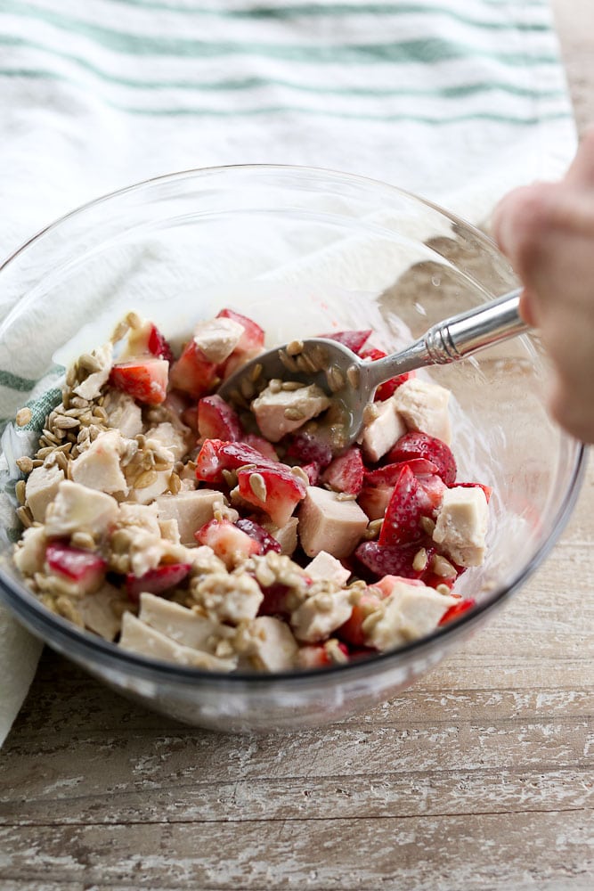 Strawberry Chicken Lettuce Wraps-stir ingredients together healthy chicken salad recipe