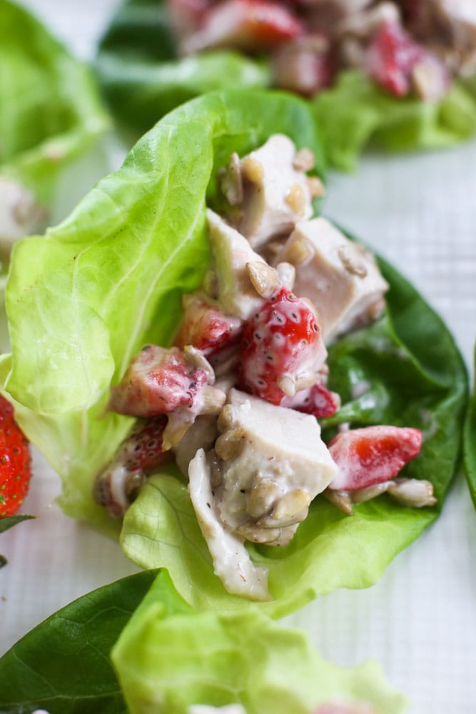 Strawberry Chicken Lettuce Wraps close up picture healthy chicken salad recipe