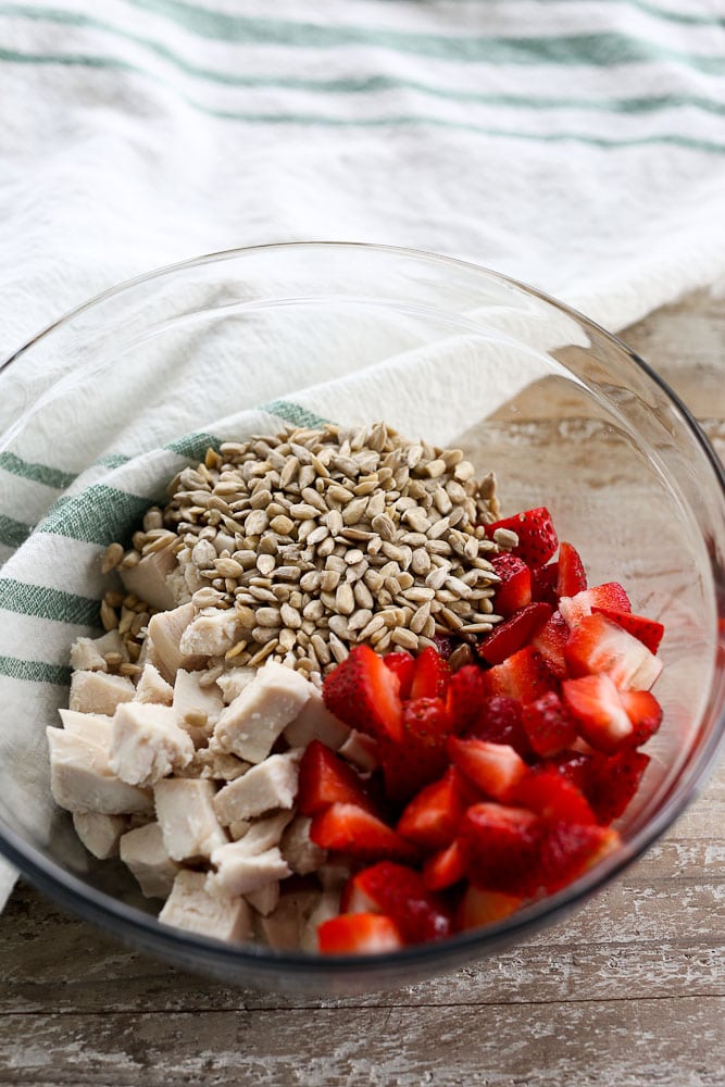 Strawberry Chicken Lettuce Wraps healthy chicken salad recipe ingredients in a bowl