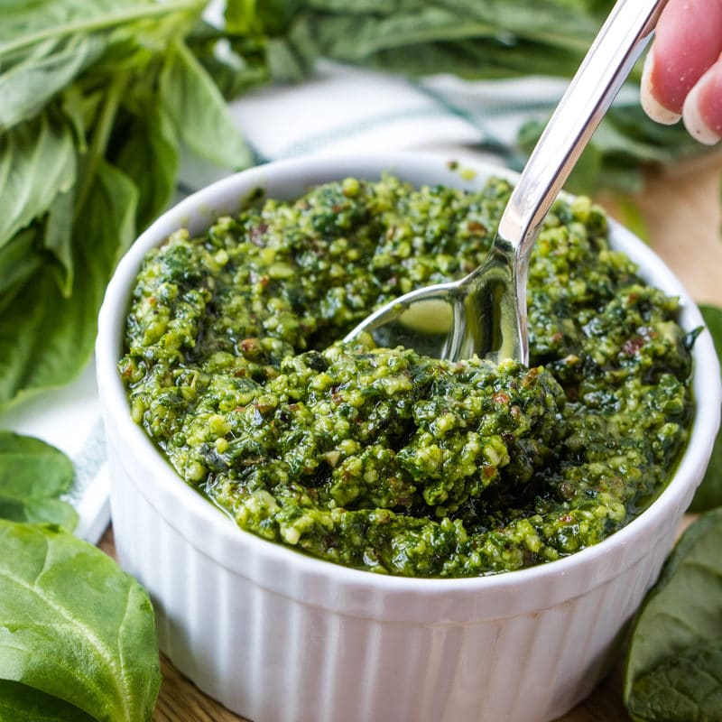 Homemade Pesto with spinach and a spoon