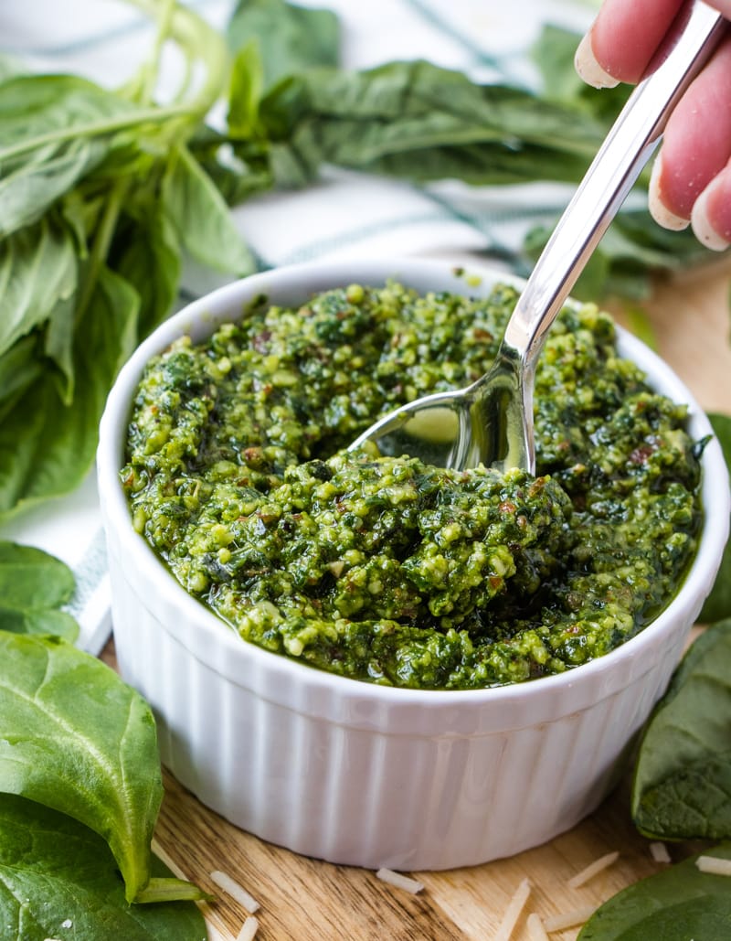 Homemade Pesto with spinach and a spoon