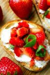 close up shot of strawberry bruschetta