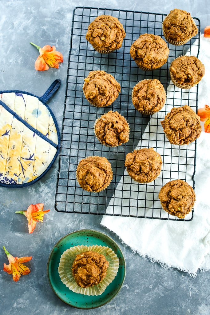 overhead shot of healthy pumpkin muffins on a cooling tray