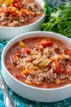 SLOW COOKER STUFFED PEPPER SOUP recipe in a bowl