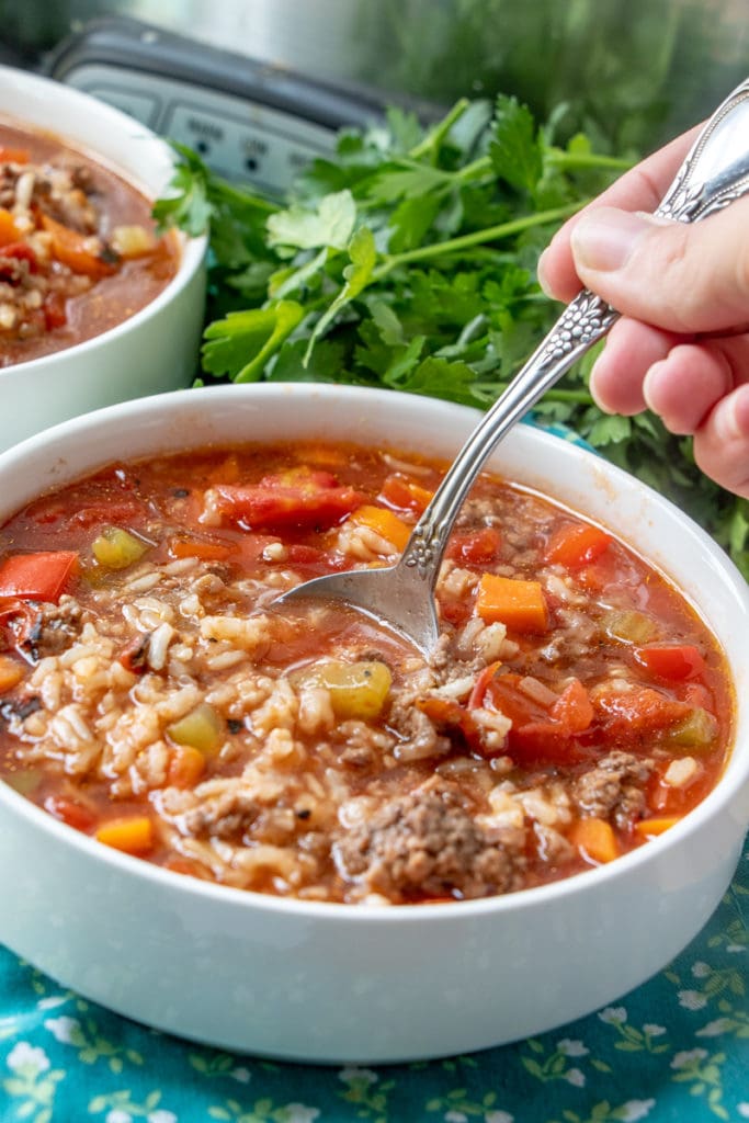 SLOW COOKER STUFFED PEPPER SOUP recipe spooning a bite