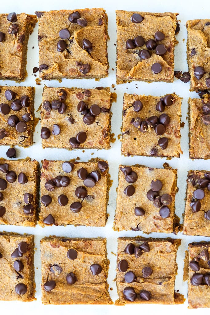 Pumpkin Chocolate Chip Cookie Bars recipe overhead shot cut bars