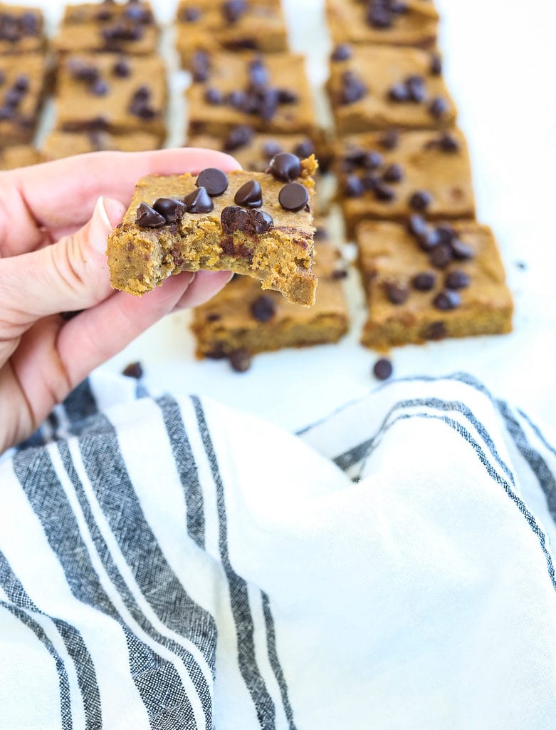 Pumpkin Chocolate Chip Cookie Bars recipe with a bite 