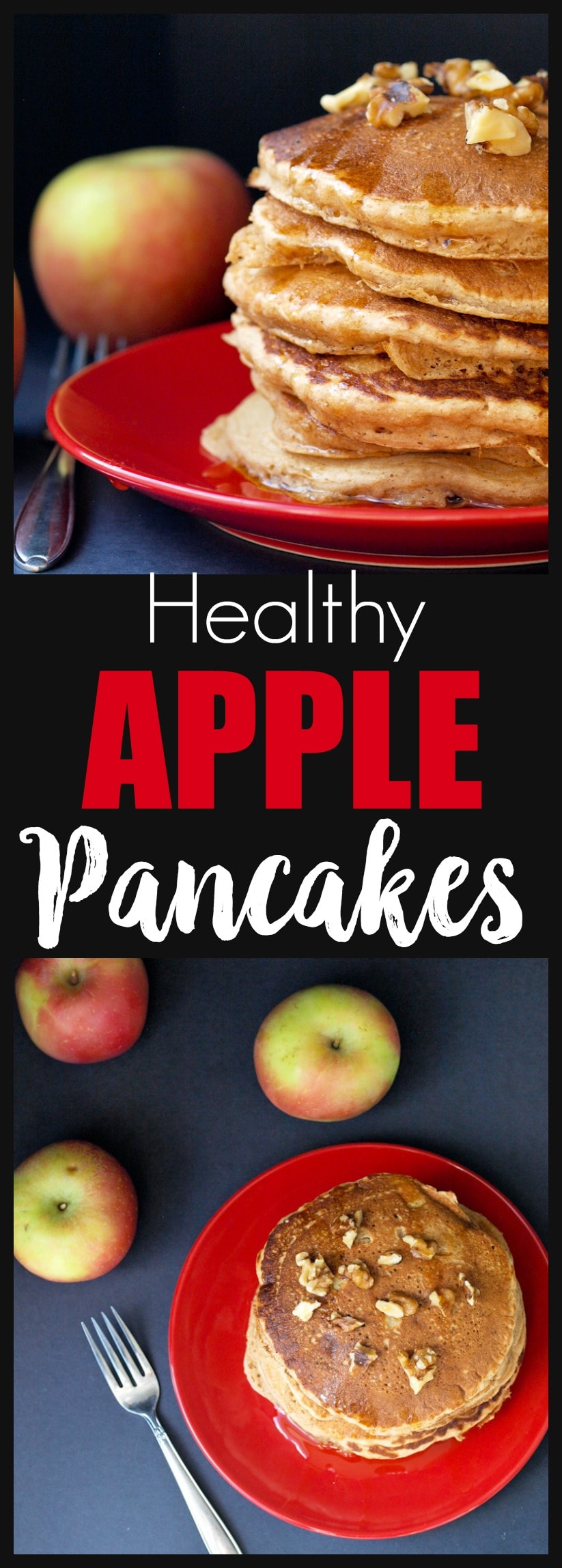 Healthy Apple Pancakes are the best weekend breakfast! Easy, healthy recipe, whole grains and kid-friendly. You can make a big batch and put them in the freezer!