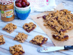 Peanut Butter and Jelly Oatmeal Bars--these quick and easy breakfast bars will please the PB&J lover in your life! Dairy free, gluten free, almost vegan, no refined sugar