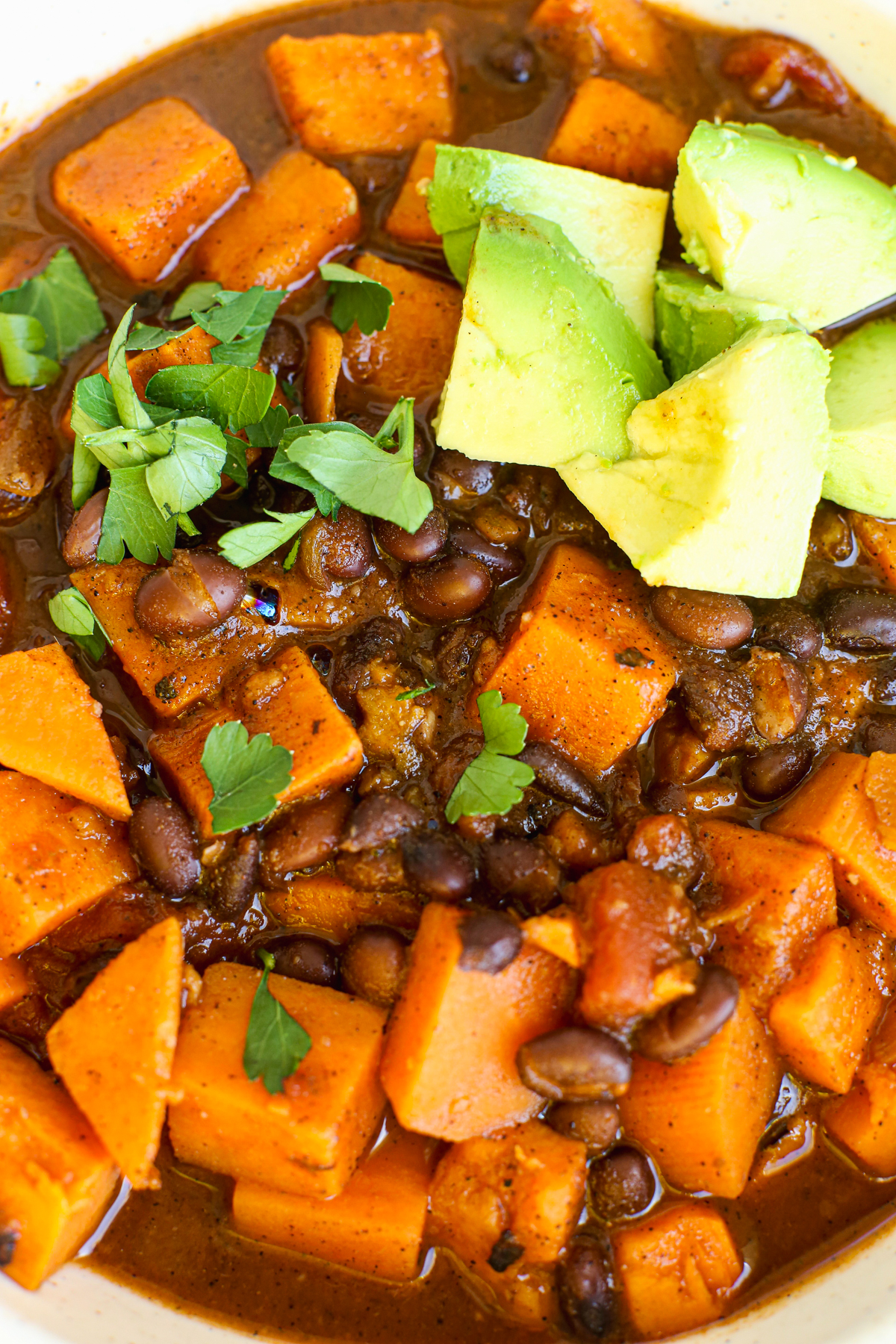 close up shot of sweet potato and black bean chili