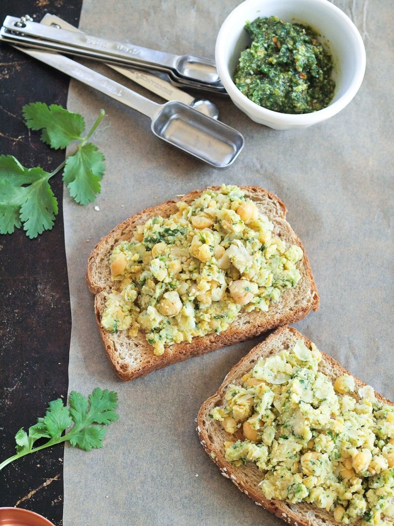 Chickpea Salad with Cilantro Pesto on Toast-this is a quick and easy vegetarian lunch option! I love this healthy lunch.