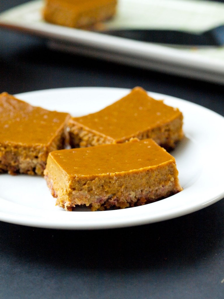 These Pumpkin Pie Bars will be the hit of your Thanksgiving dessert table! The gluten-free nut-based crust is delicious and they are dairy-free, too!