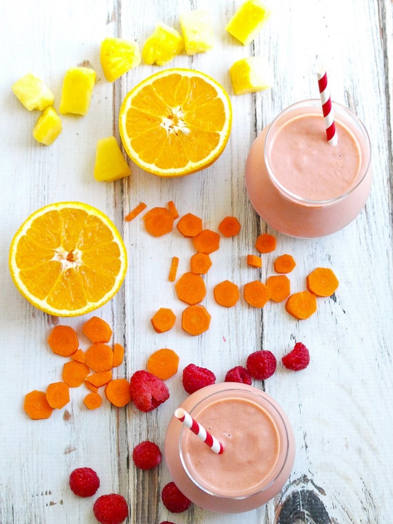 Brighten your morning with this Sunset Smoothie! A great way to add lots of fruits and even a vegetable to your day.