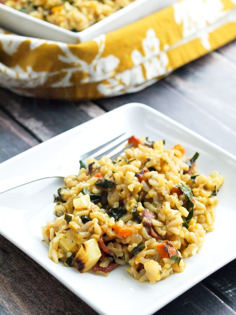 Roasted Vegetable Brown Rice Risotto with Bacon and Kale. This is HEALTHY comfort food at its finest!