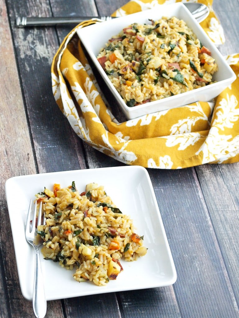 Roasted Vegetable Brown Rice Risotto with Bacon and Kale. This is HEALTHY comfort food at its finest!