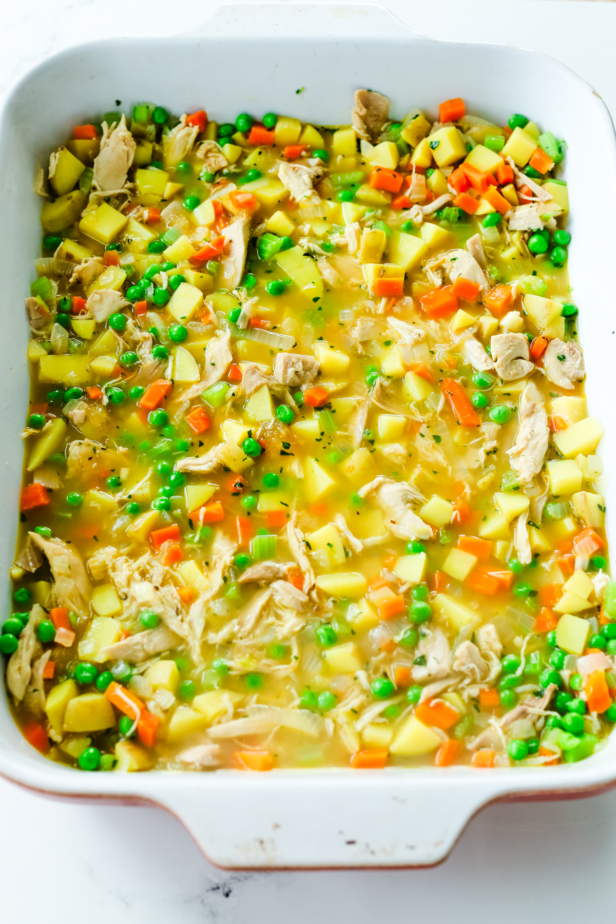 the mixture for turkey pot pie in a casserole dish without any crust on top
