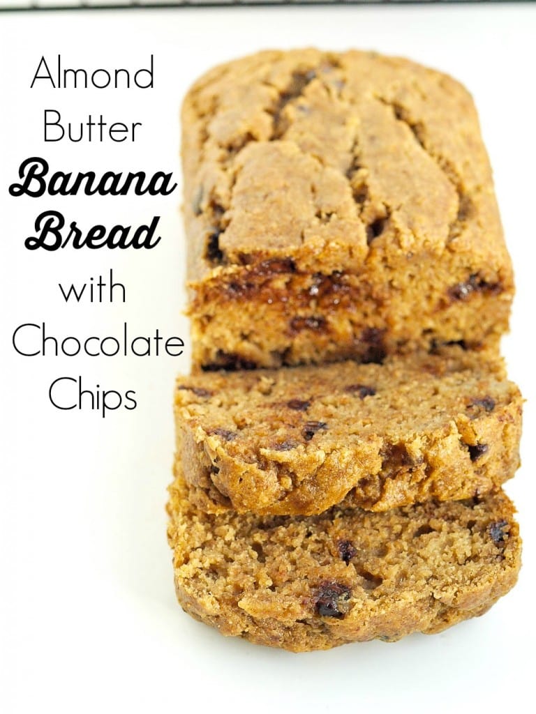 Almond Butter Banana Bread with Chocolate Chips. This banana bread is so moist! It's made with whole wheat flour and less sugar than normal banana bread, but you would never know it!! My kids ate this up so quickly!