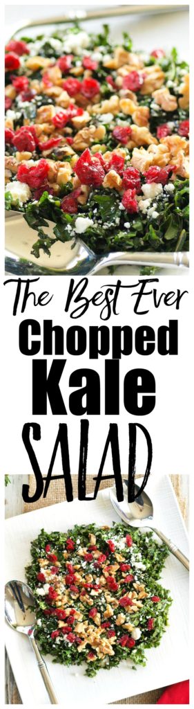 Chopped Kale Salad recipe. This is the best chopped kale salad recipe, made with feta, cranberries, and walnuts, it makes a beautiful addition to your holiday table! Great recipe for Christmas food.