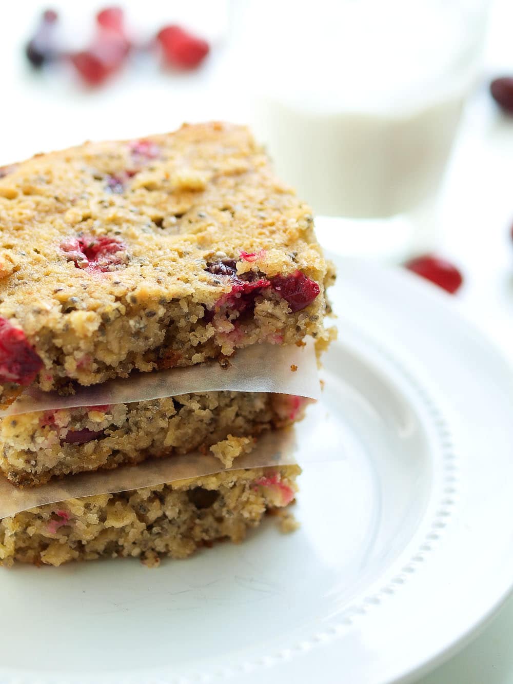 Gluten Free Almond Oat Cranberry Bars. These quick, easy, and healthy bars are great for breakfast or an after school snack! Add chocolate chips to bring them to a dessert level!
