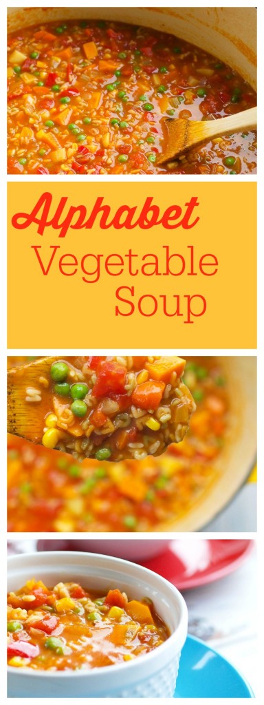 Baby it's cold outside--make soup! This homemade Alphabet Vegetable Soup is way better and healthier than Campbell's! AND you can have this ready in about 40 minutes! Use whatever vegetables and pasta shape you have on hand.