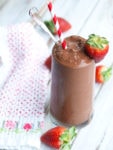 This Chocolate Covered Strawberry Milkshake is dairy-free, yet totally delicious. It's a healthy treat that's made without refined sugar. Super easy recipe to make! Gotta love a healthy dessert.