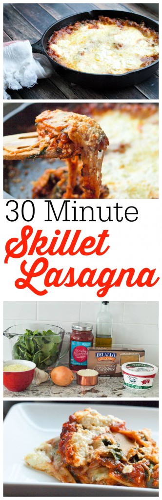 You can welcome lasagna to your weeknight dinner table with this 30 MINUTE skillet lasagna! It seriously was ready in LESS than 30 minutes, start to finish. This is a spinach version--one of the best vegetarian lasagnas I've ever tasted! Great recipe! 