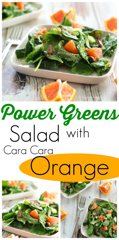 This Power Greens Salad with Cara Cara Orange, Almonds, and Parmesan is anything but boring! Brighten up your winter with this perfect salad.