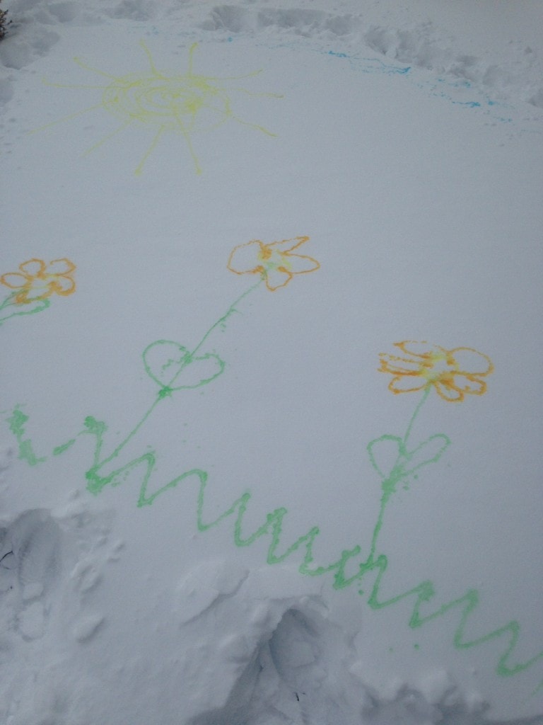 Snow Art. All you need are some squeeze bottles, water, and food coloring to create fun snow art. Come see what we created! Great snow day winter activity for kids.