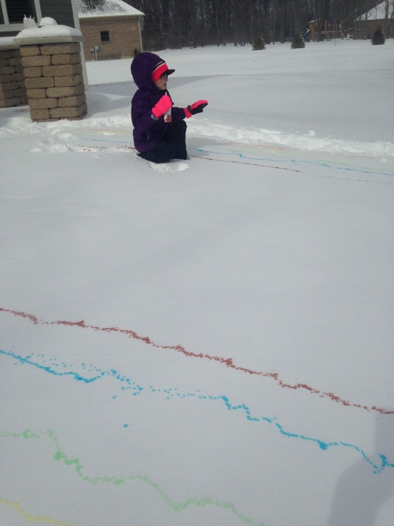 Snow Art. All you need are some squeeze bottles, water, and food coloring to create fun snow art. Come see what we created! Great snow day winter activity for kids.