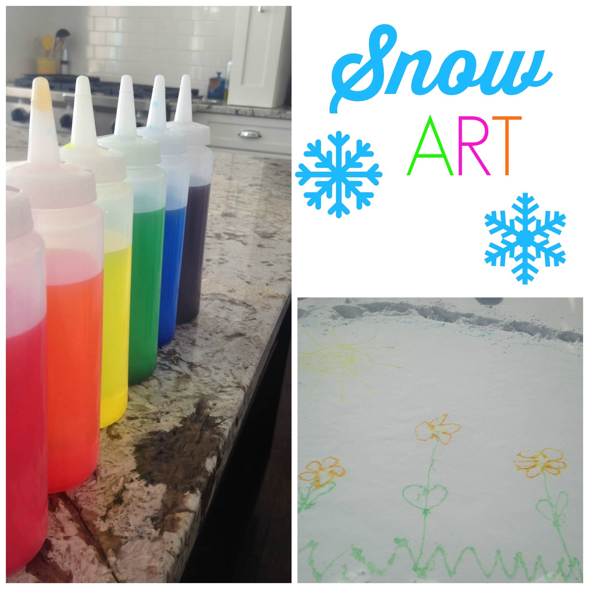 Snow Art. All you need are some squeeze bottles, water, and food coloring to create fun snow art. Come see what we created! Great snow day winter activity for kids.