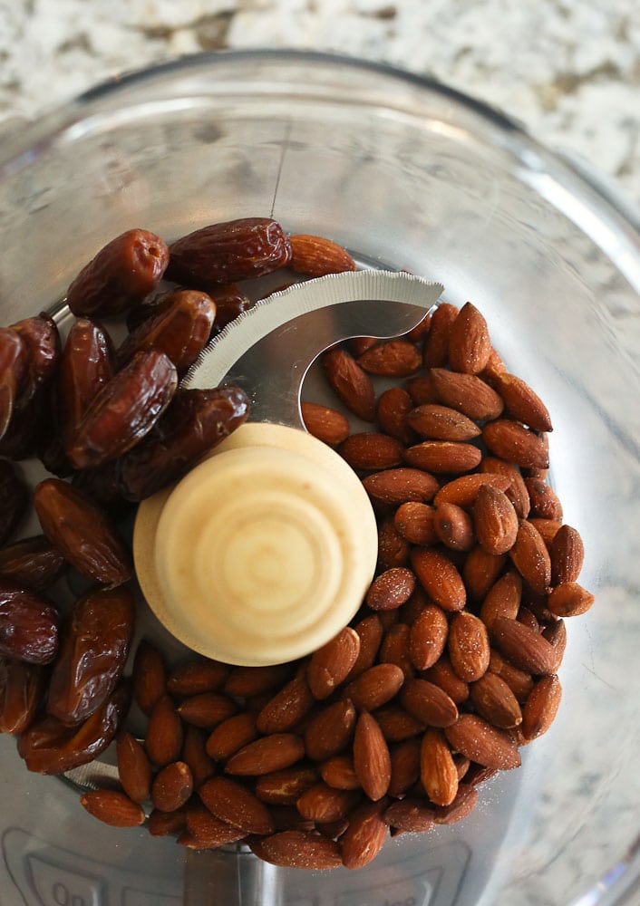 Chewy Homemade Granola Bars-step 1 almonds and dates in a food processor