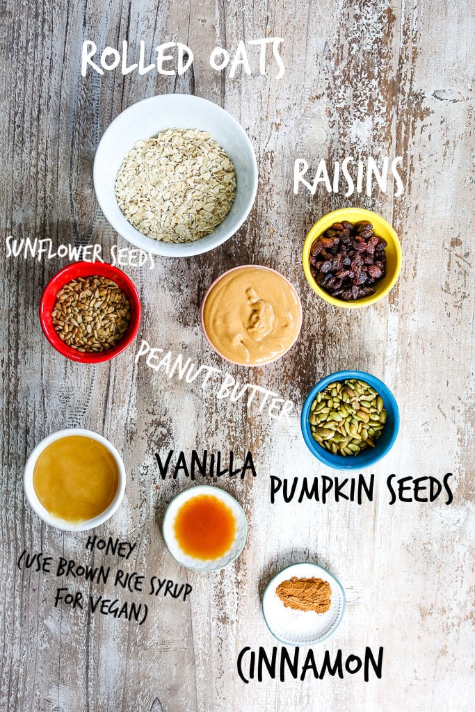 No Bake Granola Bars Ingredients overhead shot in bowls