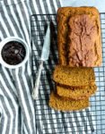 overhead shot of Whole Wheat Molasses Quick Bread with apple butter
