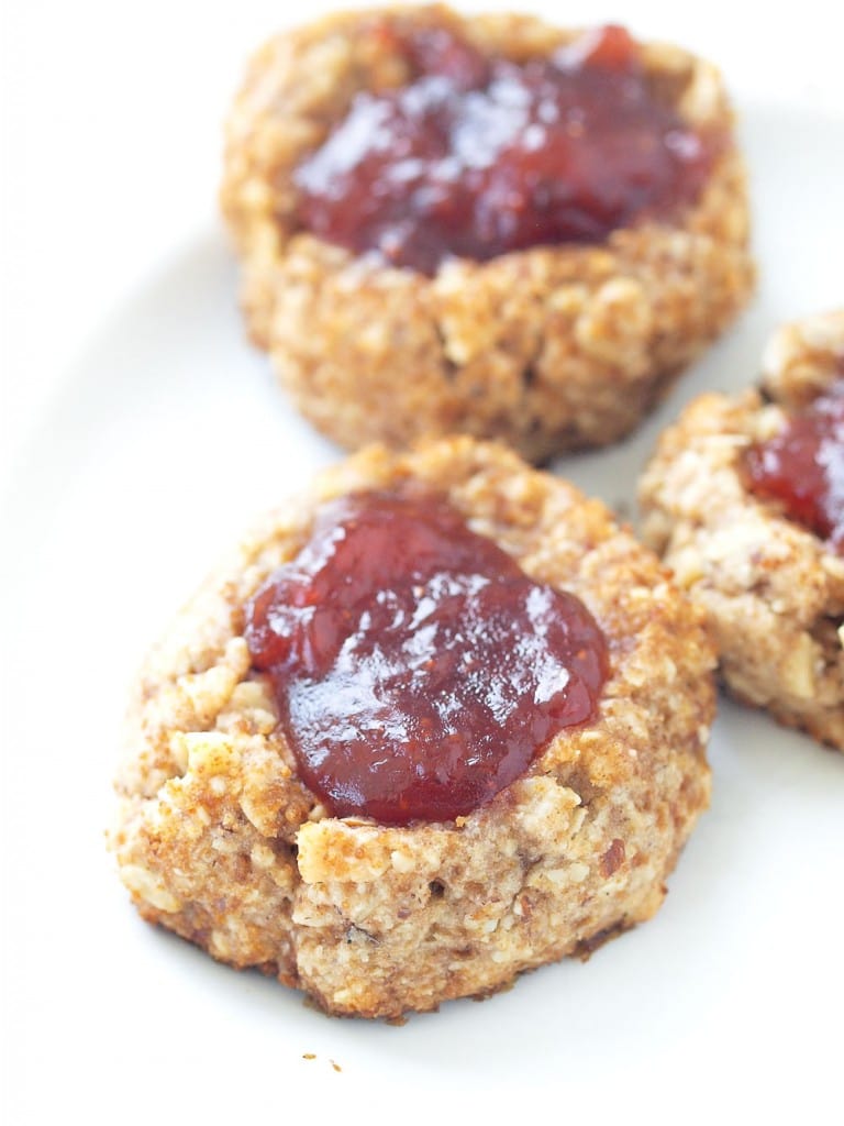 Vegan and Healthy Thumbprint Cookie Recipe. These thumbprint cookies are whole grain, naturally sweetened, and take less than 30 minutes total to make! Yep--quick, easy, AND healthy. 