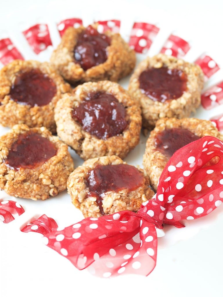 Vegan and Healthy Thumbprint Cookie Recipe. These thumbprint cookies are whole grain, naturally sweetened, and take less than 30 minutes total to make! Yep--quick, easy, AND healthy.