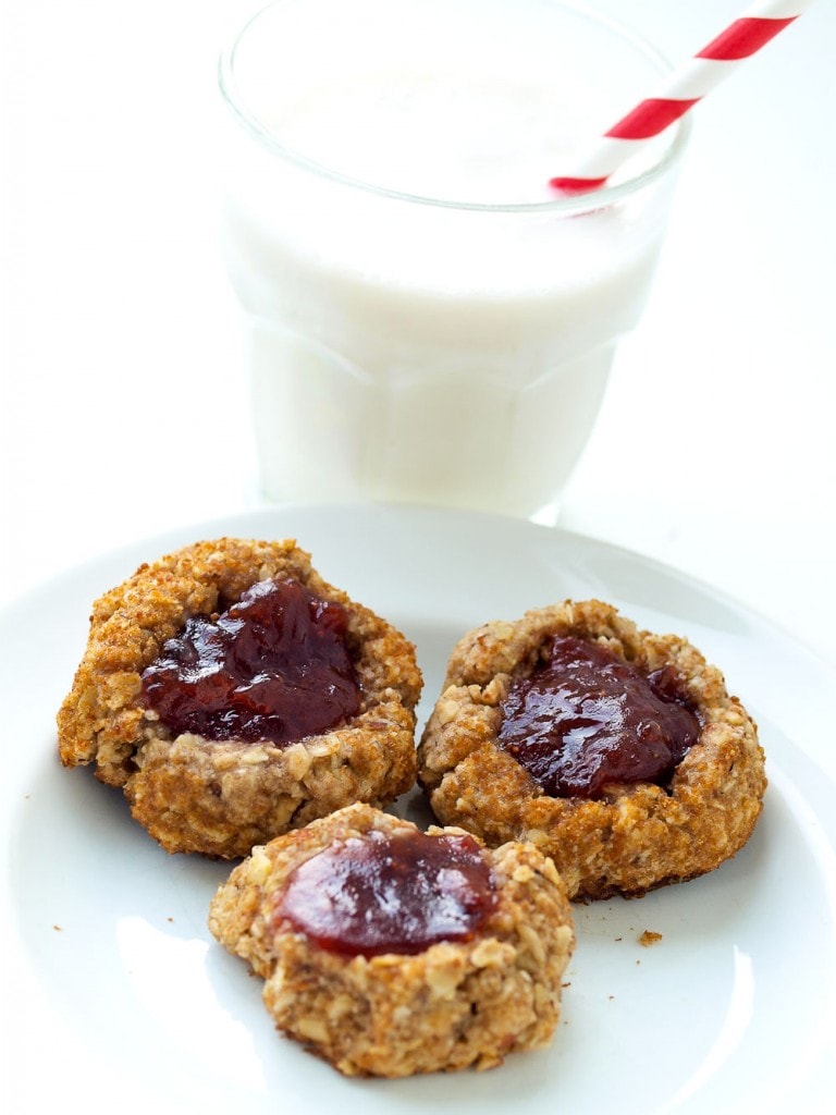 Vegan and Healthy Thumbprint Cookie Recipe. These thumbprint cookies are whole grain, naturally sweetened, and take less than 30 minutes total to make! Yep--quick, easy, AND healthy. 