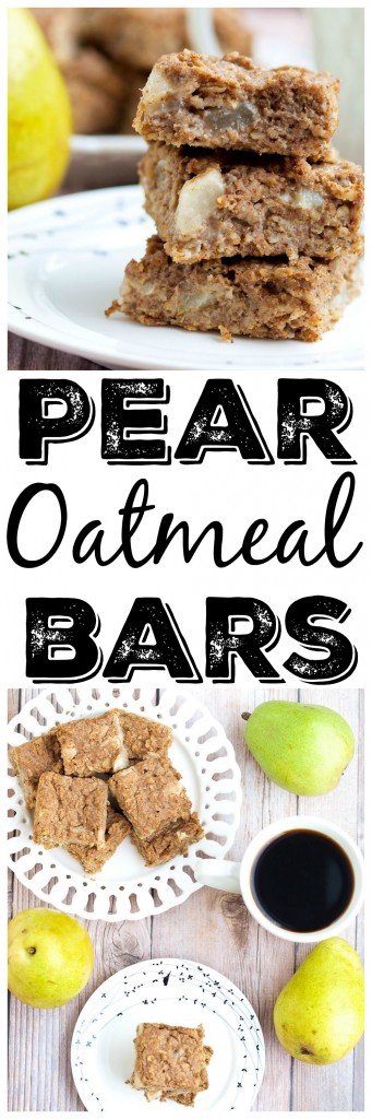 Fruit sweetened pear oatmeal bars recipe. These Pear Oatmeal Bars are made with NO added sugar, are vegan, and gluten-free. They make a perfect healthy breakfast or snack! Great for kids and toddlers, too.