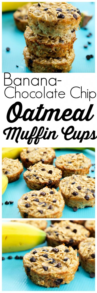 Banana Chocolate Chip Baked Oatmeal Muffins. Mix it together the night before and bake them in the morning. Just banana, oats, and eggs and you have a delicious healthy breakfast that is portable! Baked oatmeal to go. :)