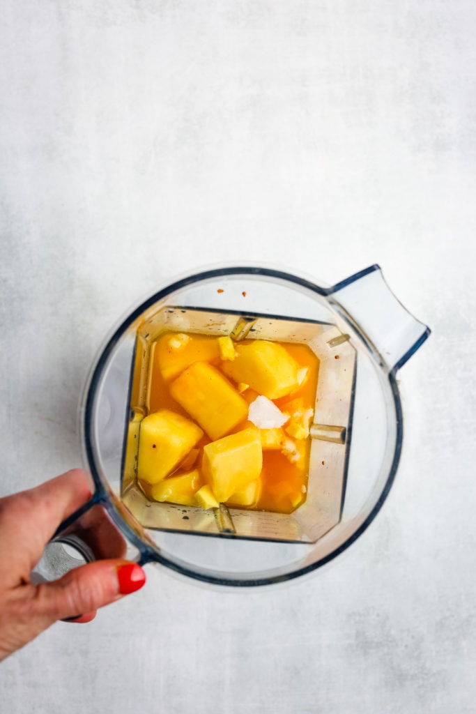 overhead shot of smoothie ingredients in the blender ready to be blended