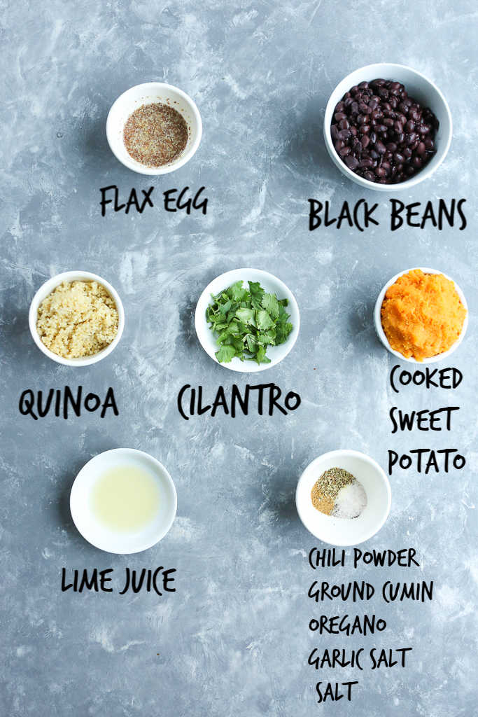 overhead shot All of the ingredients for sweet potato black bean burgers