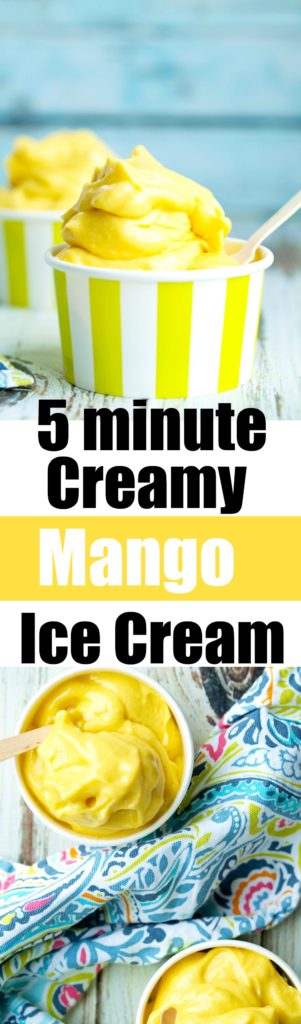 This creamy mango ice cream is ready in 5 minutes and is made with 4 simple, healthy ingredients! Dairy-free (vegan) ice cream recipe!