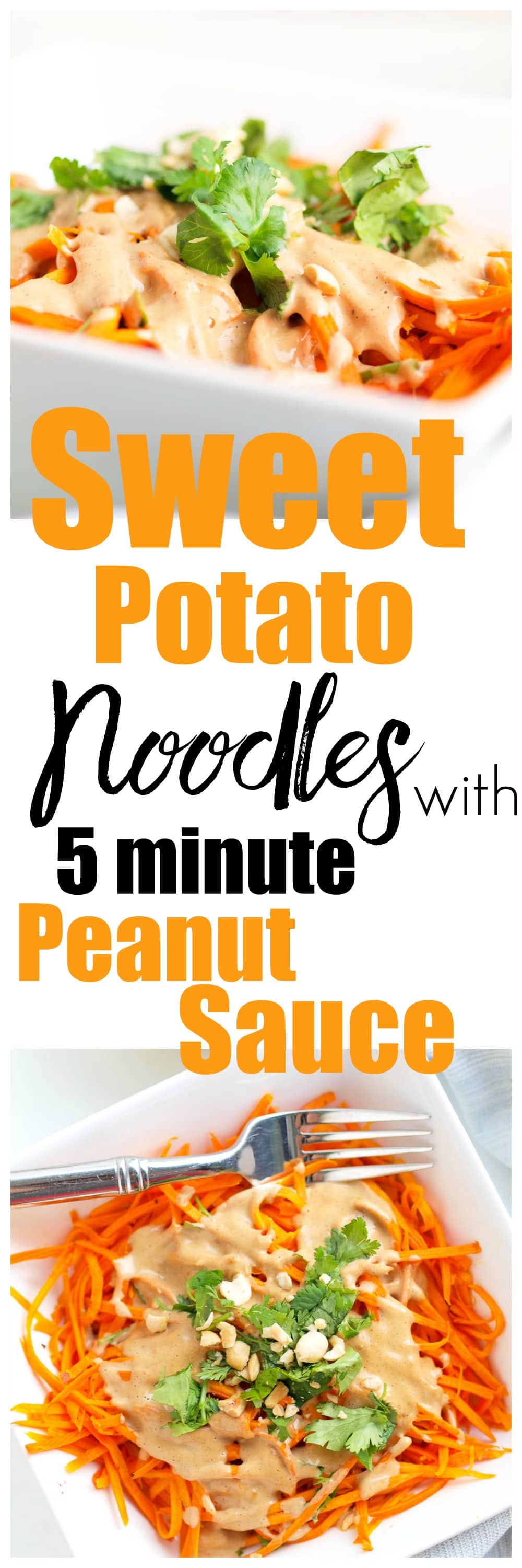 Looking for a quick, easy, and healthy dinner idea? This Sweet Potato Noodles with 5 minute Peanut Sauce recipe takes just 20 minutes and is gluten-free, vegan, and sooo good! Just 350 calories per serving.