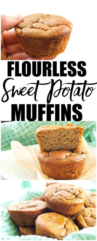 Flourless Sweet Potato Muffins recipe! These are made with NO flour, NO oil, and NO sugar. Such a healthy breakfast idea that is great for busy mornings. These are perfect fall food but great all year round. Gluten-free muffin recipe. Gluten-free breakfast recipe.