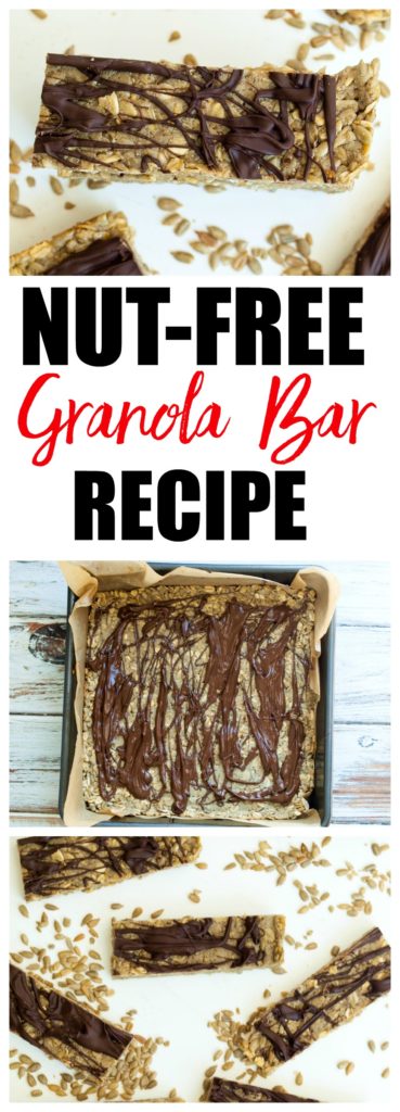 Super EASY nut-free granola bar recipe! Just 5 basic ingredients for this nut-free snack and they taste like candy bars! This is a healthy snack recipe that kids love. This is also a gluten-free and vegan friendly recipe.
