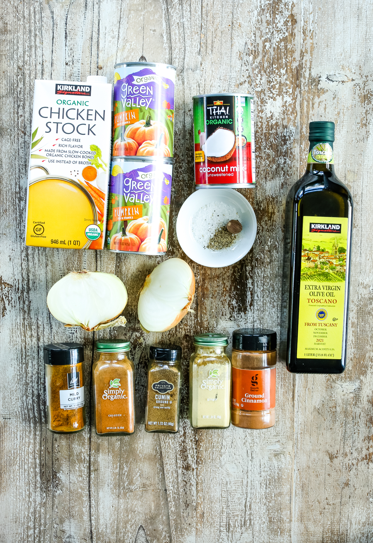 an overhead shot of pumpkin bisque ingredients