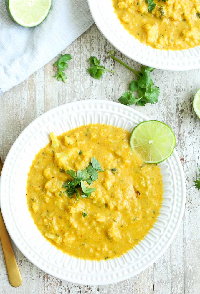 one bowl of Cauliflower Soup with Coconut, Turmeric, and Lime recipe